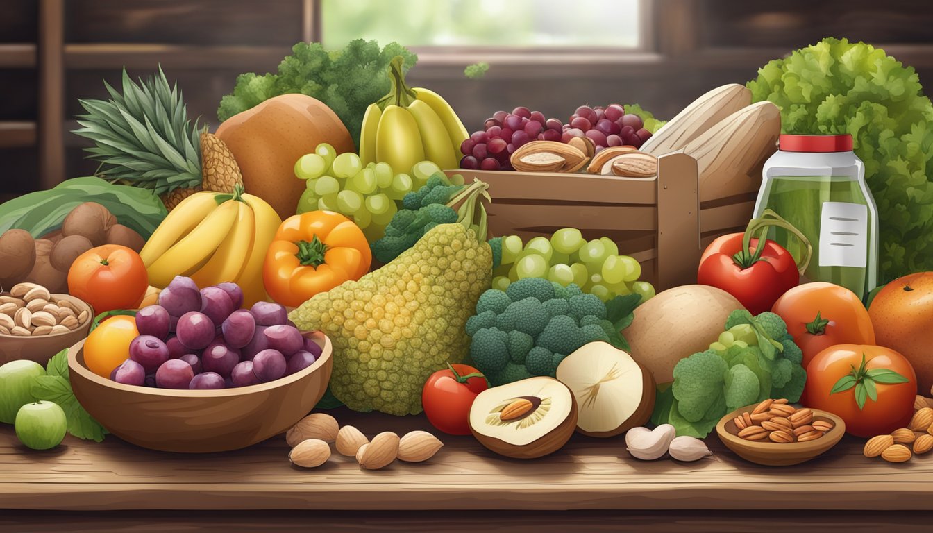 A variety of fresh fruits, vegetables, nuts, and lean meats arranged on a rustic wooden table, with a budget-friendly grocery receipt nearby