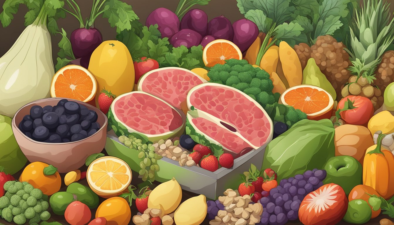 A carnivore surrounded by a variety of fresh fruits, vegetables, and grains, with a pile of kidney stones in the background