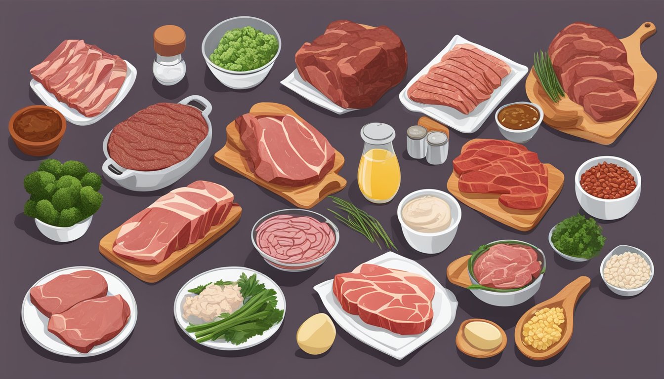 A carnivore's table filled with affordable cuts of meat and budget-friendly protein sources