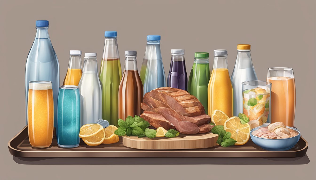 A water bottle and a variety of meat-based drinks arranged on a portable tray