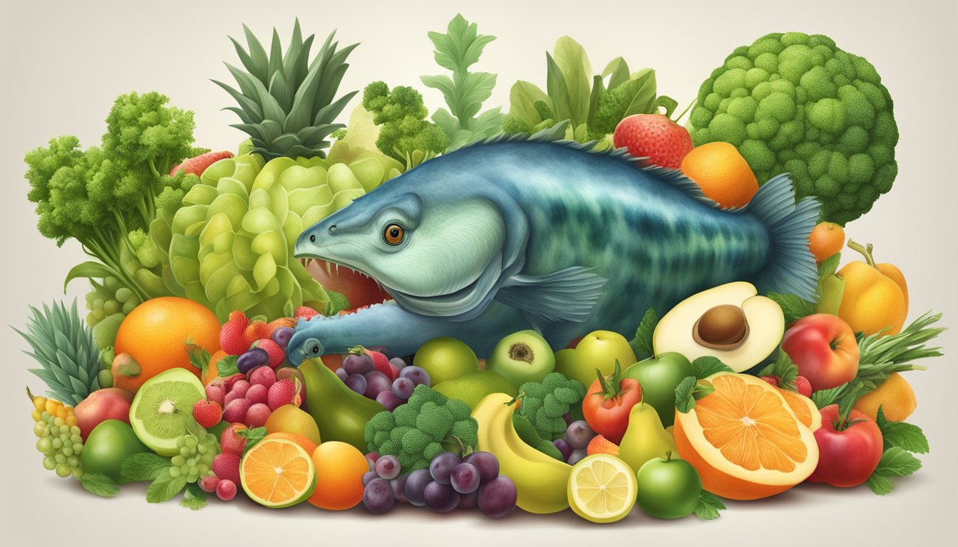 A carnivorous animal surrounded by a variety of fruits, vegetables, and water sources, emphasizing dietary modifications for kidney stone prevention