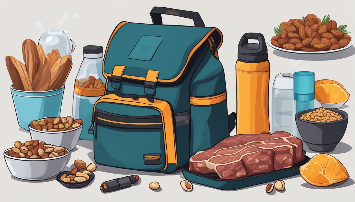 A person's backpack filled with raw meat, nuts, and dried fruits, alongside a portable grill and water bottle, ready for a carnivore diet on the go