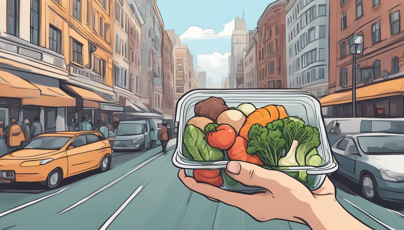 A person's hand holding a to-go container filled with various raw meats and vegetables, surrounded by a busy city street