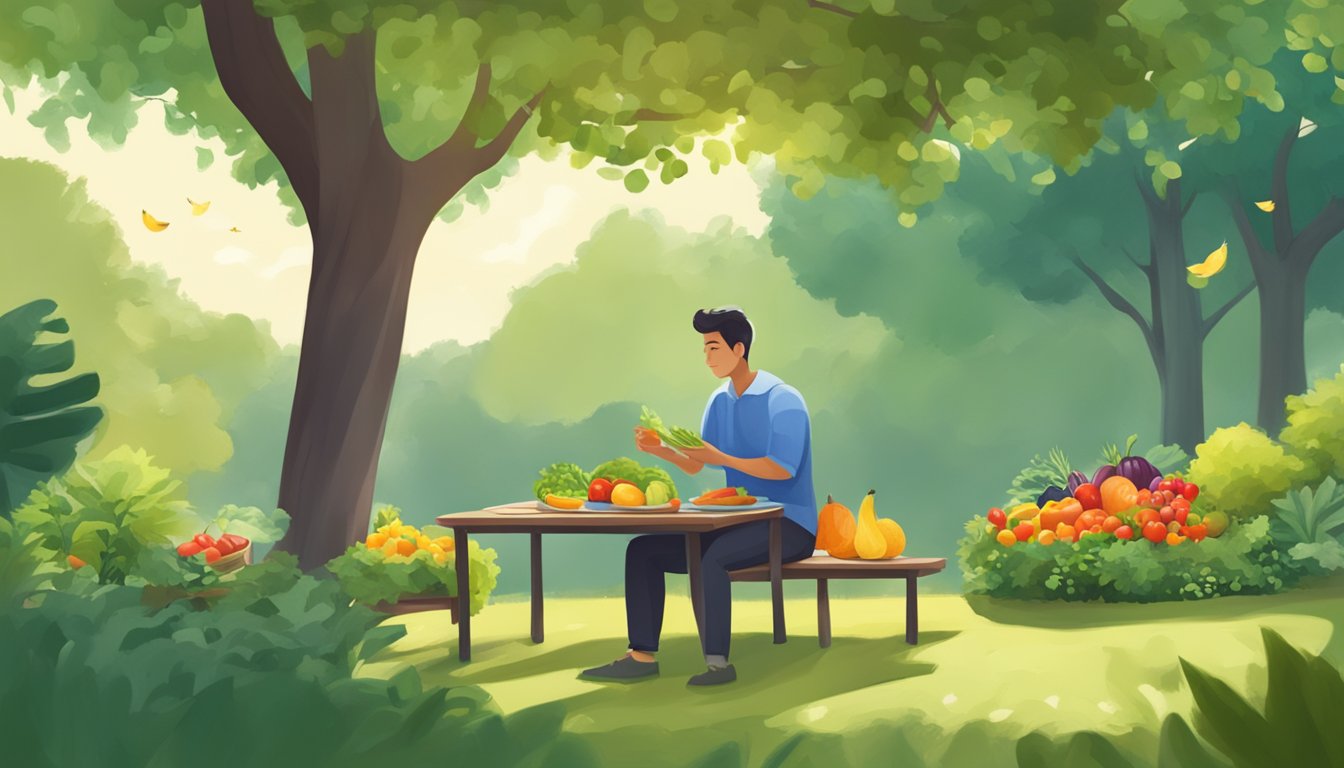 A person sitting in a peaceful park, surrounded by lush greenery, enjoying a meal of fresh fruits and vegetables, with a sense of calm and contentment