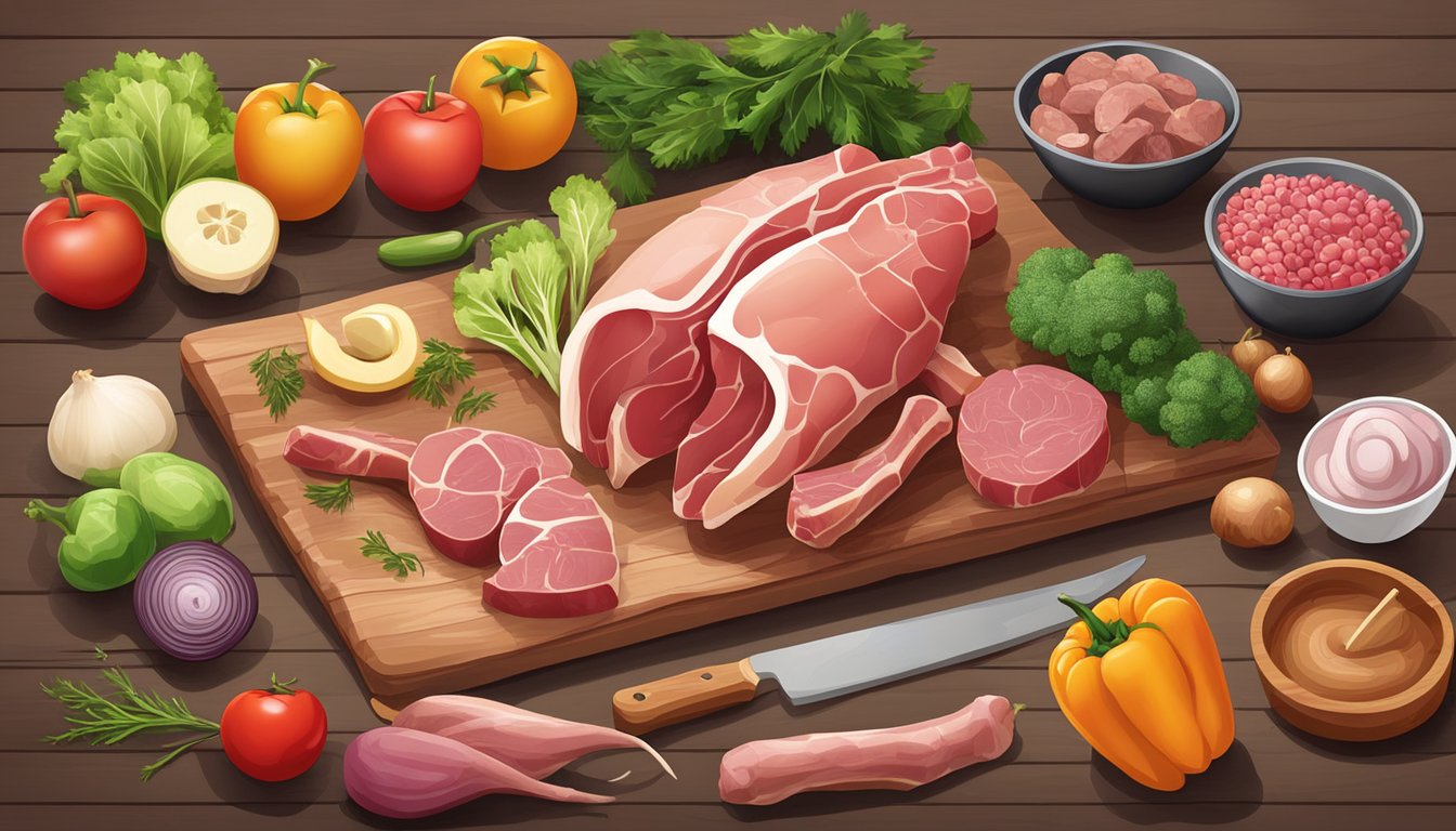 A variety of raw meats, bones, and organs arranged on a wooden cutting board with a bowl of mixed vegetables and fruits next to it