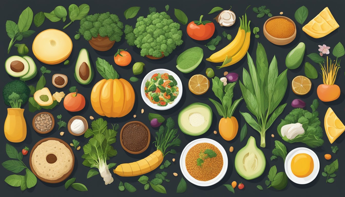 A diverse array of plant-based foods surrounded by symbols representing different cultures and the natural environment