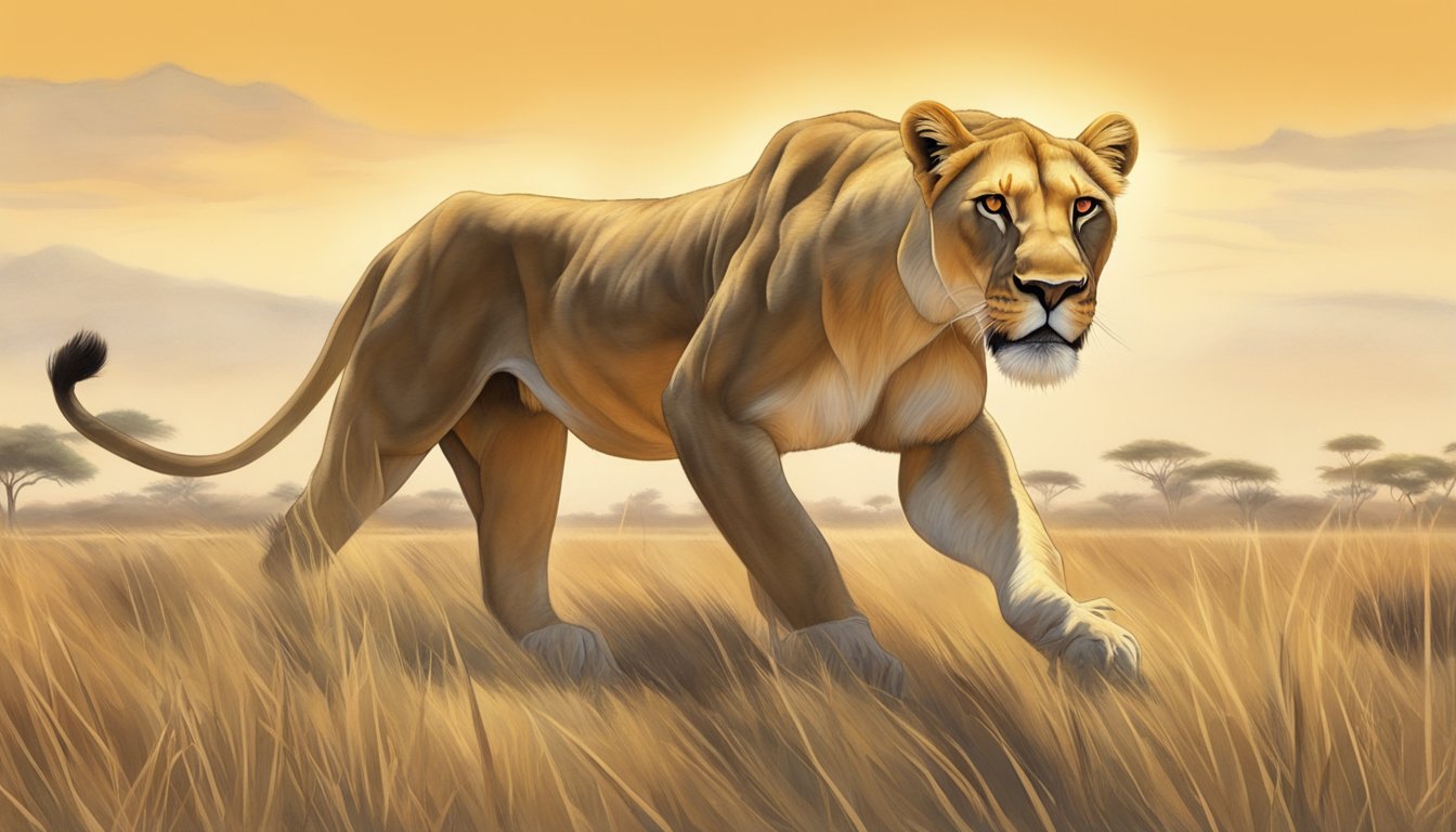 A lioness prowls through a savanna, her powerful muscles rippling as she hunts for prey. In the distance, a group of wildebeests graze nervously, aware of the carnivore's presence