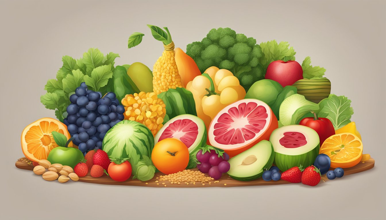 A variety of colorful fruits, vegetables, and grains arranged on a table, with a large "X" over a piece of meat