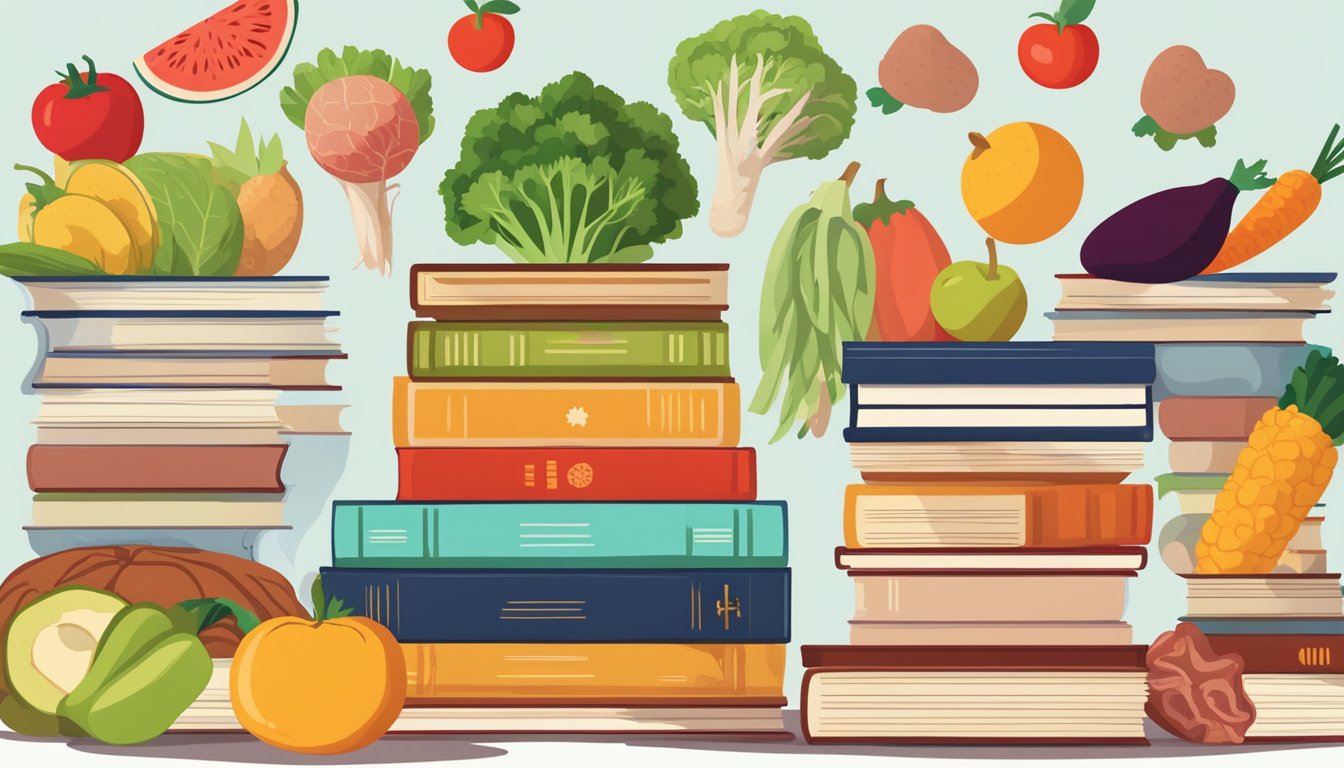 A stack of books on nutrition, a pile of fruits and vegetables, and a plate of assorted meats with a red "X" over them