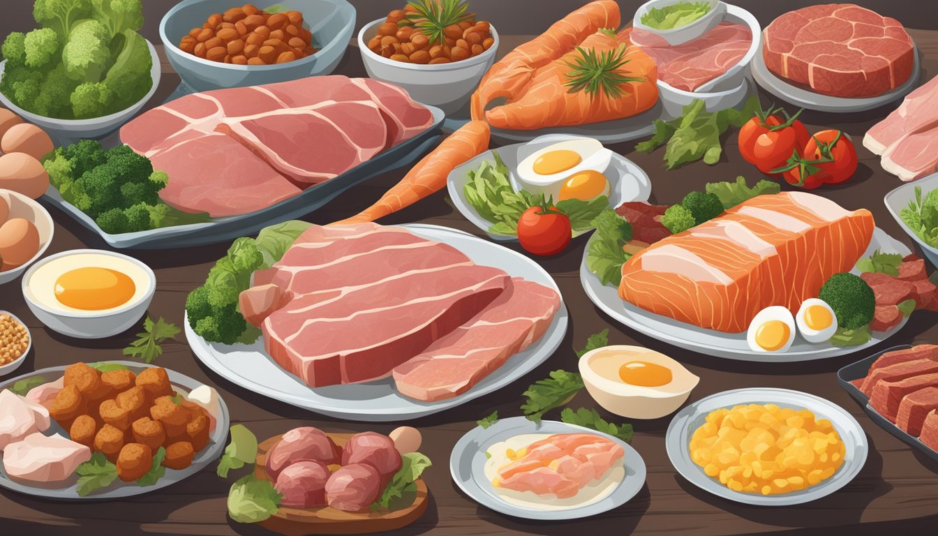 A table set with a variety of fresh meats, fish, eggs, and vegetables, with a prominent focus on animal-based foods