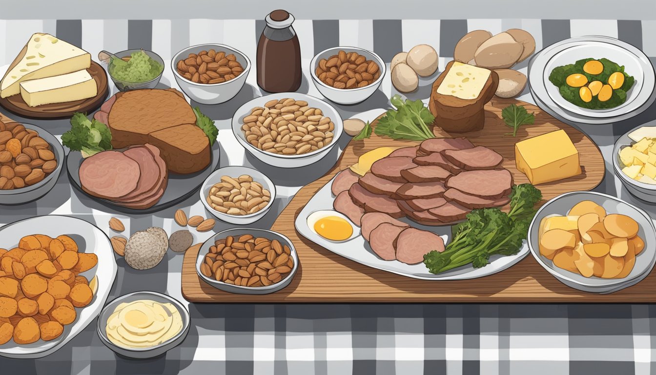 A table spread with various meats, eggs, and cheese. A bowl of nuts and a plate of sliced vegetables sit nearby