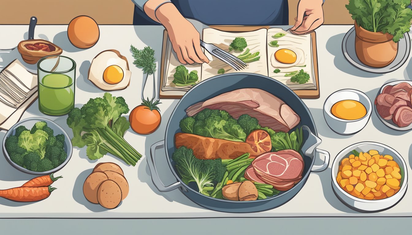 A table set with a variety of meats, fish, eggs, and non-starchy vegetables. A person preparing a meal, with a cookbook open to a carnivore diet plan