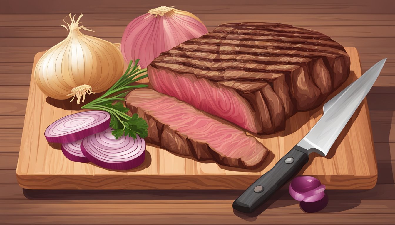 A pile of raw onions and a steak on a wooden cutting board