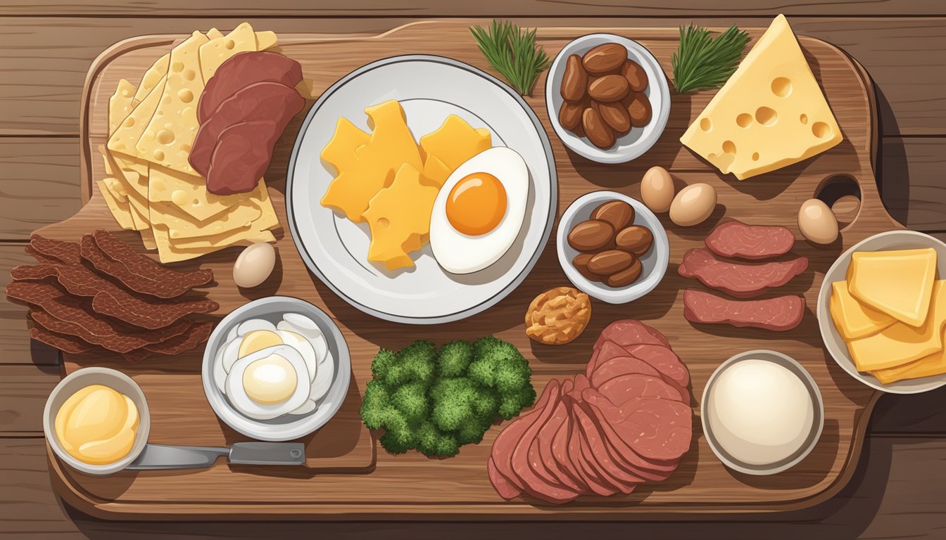 A carnivore diet enthusiast prepares a variety of quick snacks, including beef jerky, hard-boiled eggs, and cheese slices, on a wooden cutting board