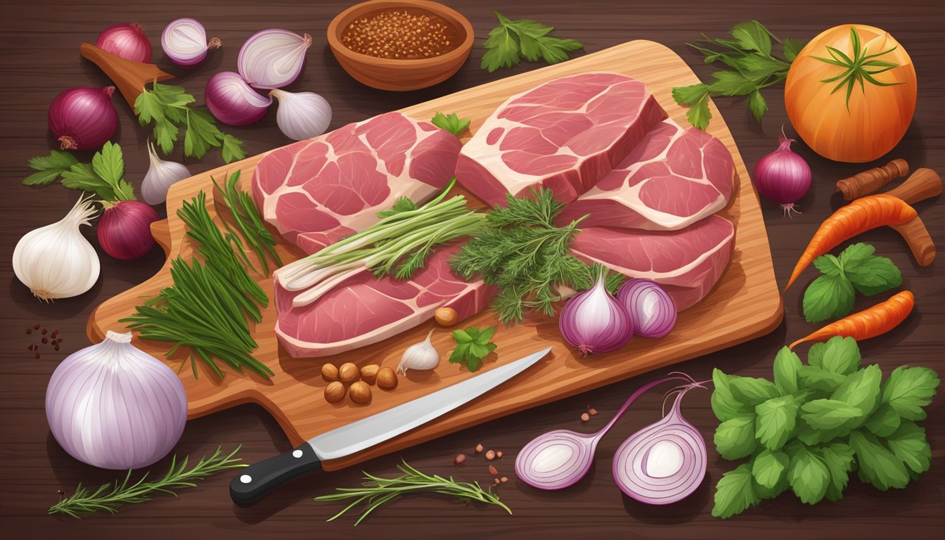 A cutting board with various cuts of meat, a pile of onions, and a selection of herbs and spices laid out for meal preparation