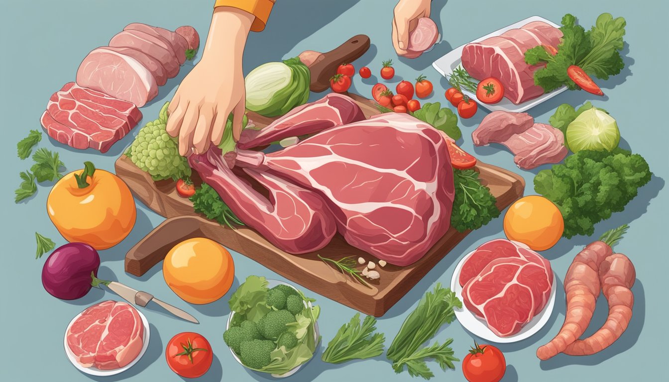 A table set with raw meat, bones, and organs, surrounded by fresh vegetables and fruits. A person's hand reaching for a piece of meat