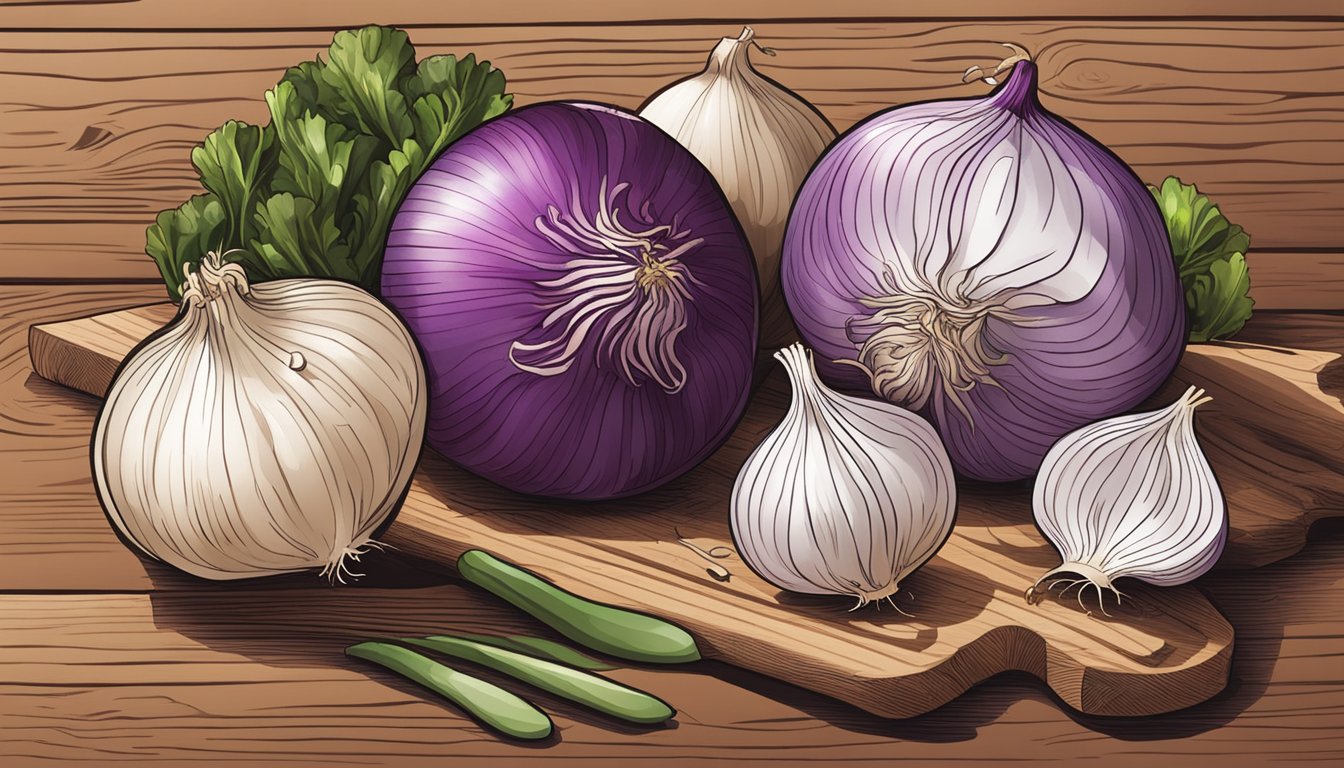 A variety of fresh onions, garlic, and shallots arranged on a wooden cutting board with a sharp knife nearby