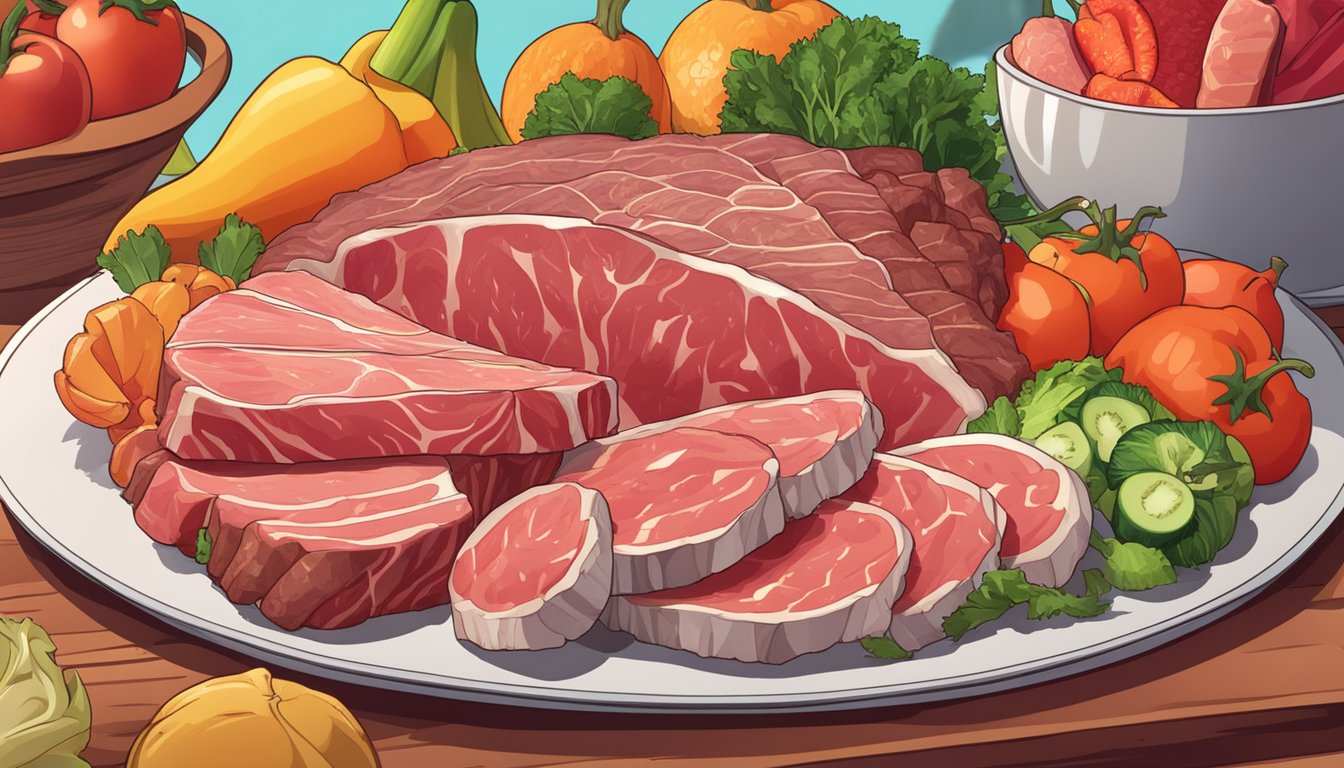 A plate piled high with various cuts of raw meat, surrounded by fresh vegetables and fruits. A banner reading "Carnivore Diet" hangs in the background