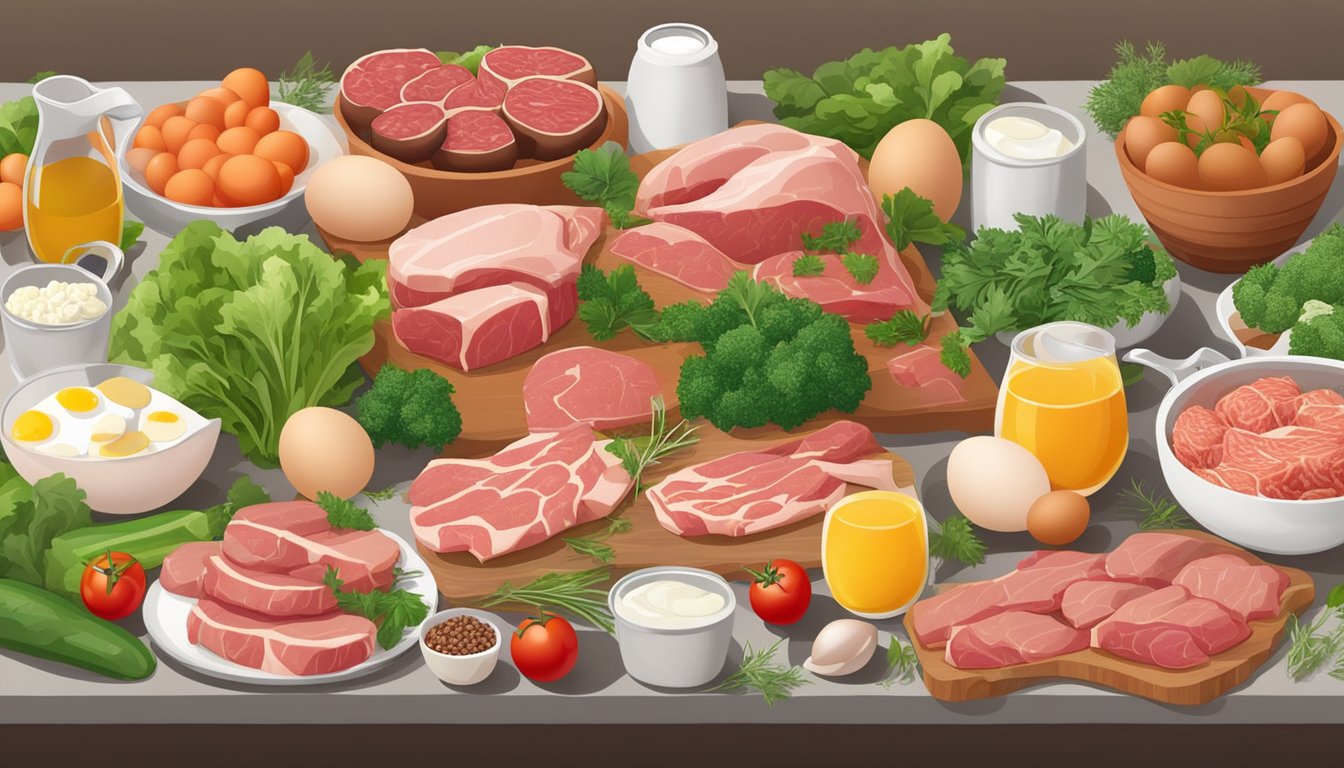 A table set with a variety of raw meats, eggs, and animal-based products, surrounded by fresh vegetables and herbs