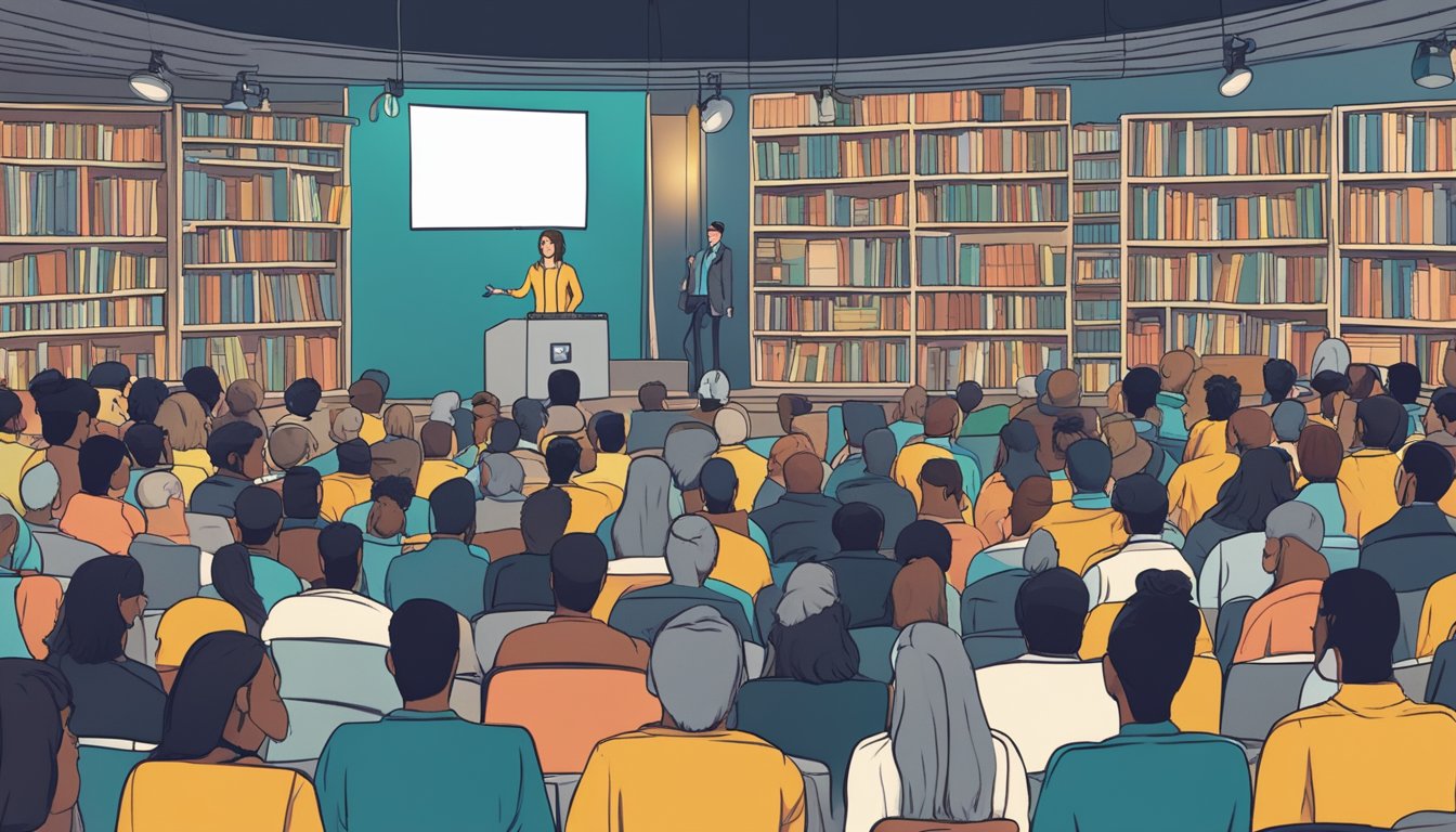 A person speaking on a stage with a large audience, surrounded by stacks of books and a computer showing online content about the carnivore diet