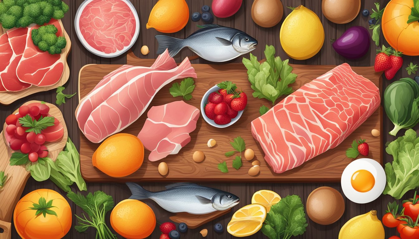 A variety of fresh meat, fish, and eggs arranged on a wooden cutting board with vibrant fruits and vegetables in the background