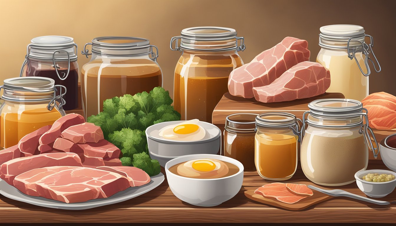 A variety of fresh meats, fish, eggs, and organ meats displayed on a wooden table with some bone broth and animal fats in glass jars