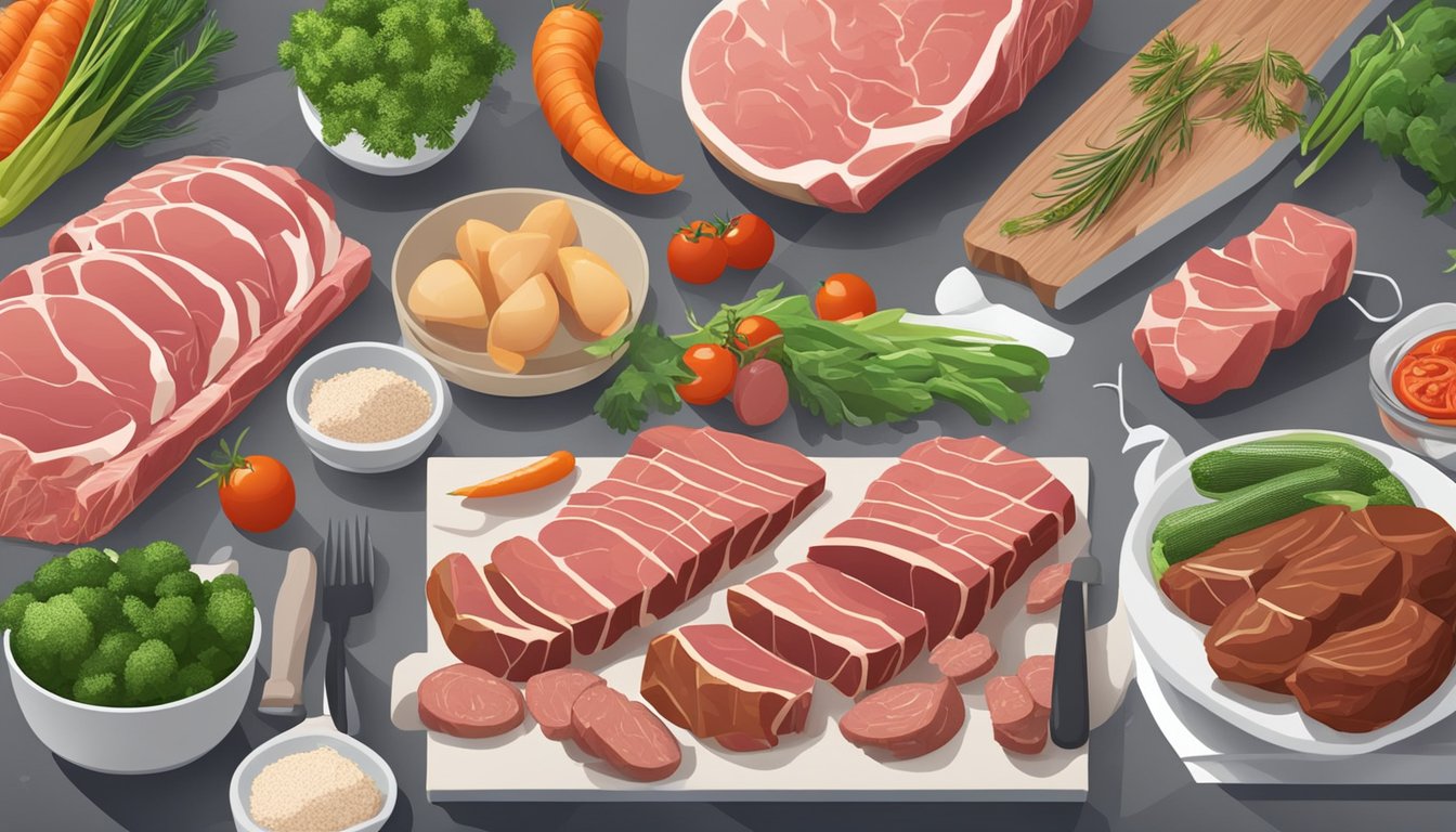 A kitchen counter with a variety of fresh meats, vegetables, and cooking utensils ready for preparing quick carnivore diet meals