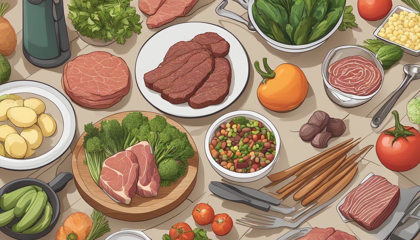 A kitchen counter with various raw meats, vegetables, and cooking utensils laid out for meal preparation