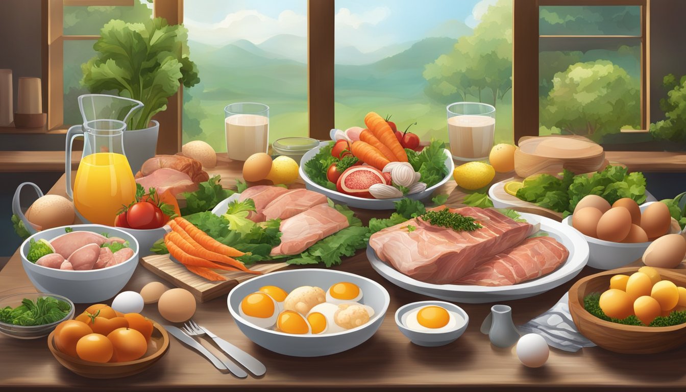 A table set with a variety of meats, fish, and eggs, surrounded by fresh vegetables and fruits. A mold-free environment with clean air and natural lighting