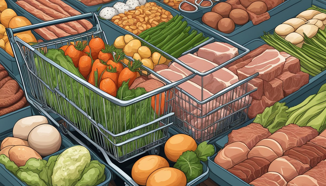 A shopping cart filled with fresh meats, eggs, and non-starchy vegetables. No processed foods or grains in sight