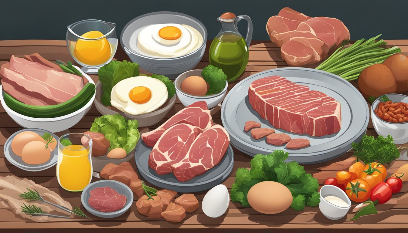 A table set with various meats, eggs, and vegetables, ready to be cooked for quick carnivore diet meals