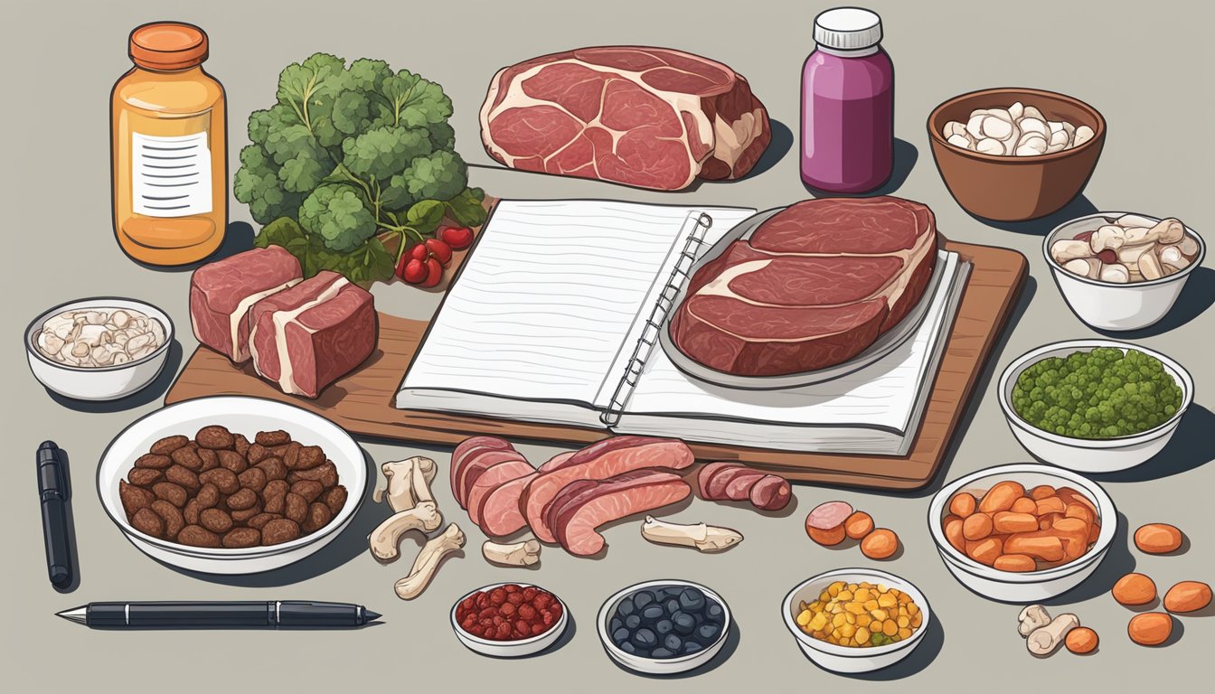 A table with various raw meats, bones, organs, and supplements laid out for a carnivore diet. A notebook and pen sit nearby for health monitoring