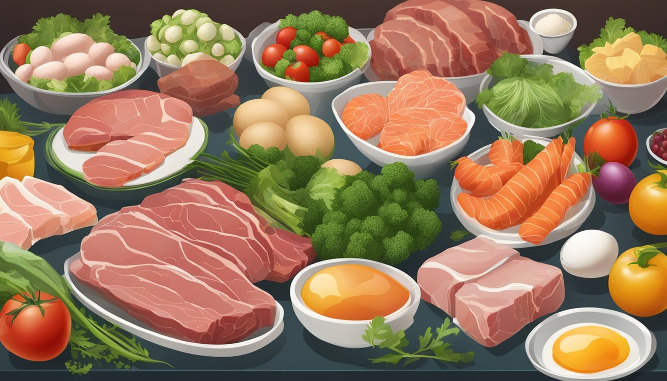 A table with a variety of fresh, organic meats, fish, and eggs, alongside a selection of mold-free vegetables and fruits