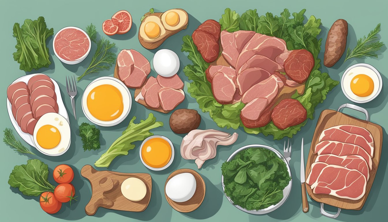 A table with various raw meats, eggs, and leafy greens arranged for a carnivore diet shopping list