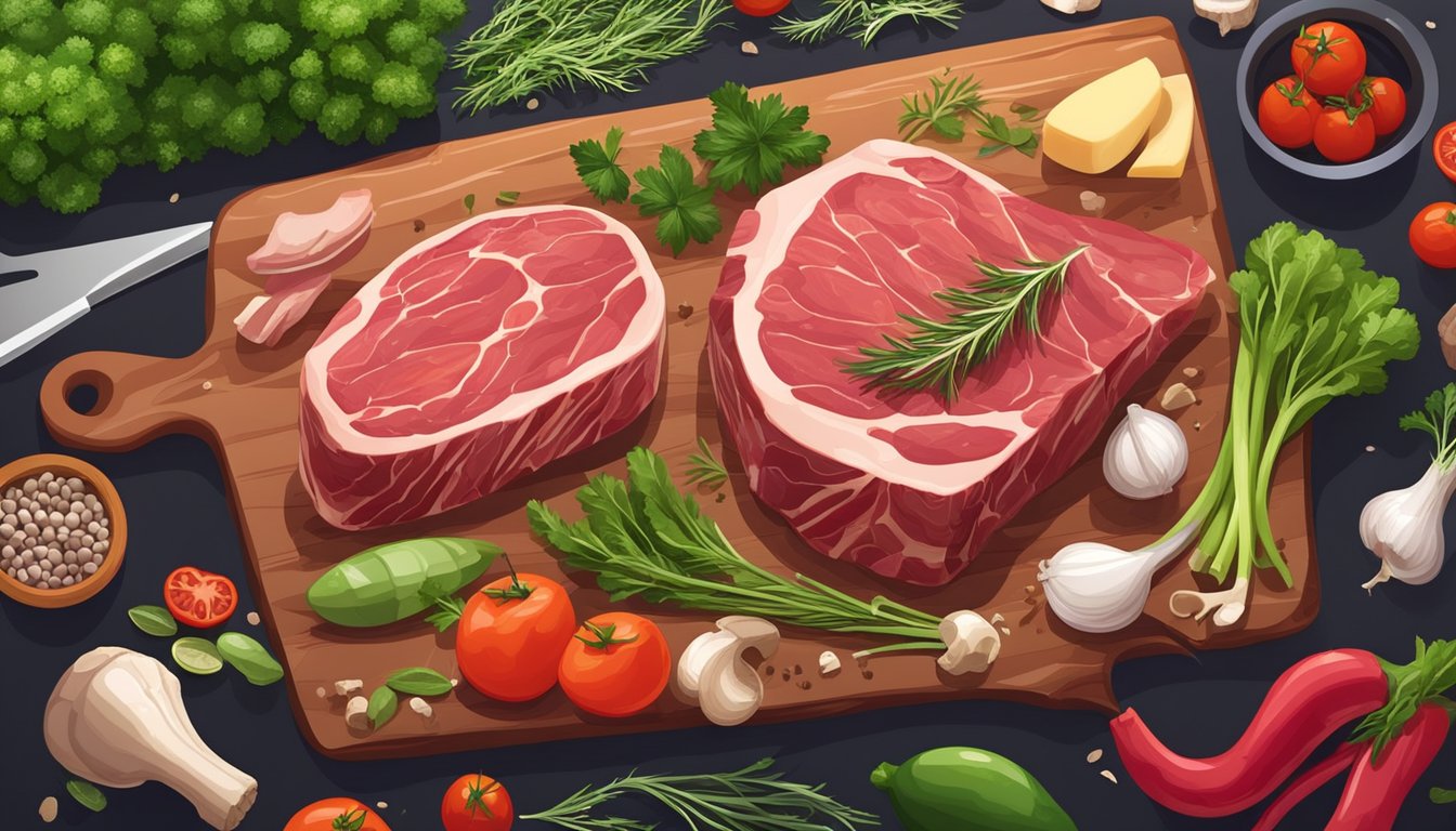 A large, raw steak surrounded by assorted cuts of meat and bone marrow on a wooden cutting board, with a background of fresh vegetables and herbs