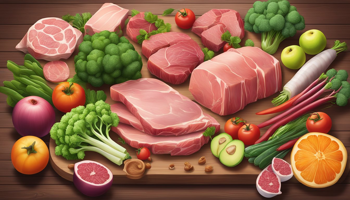 A variety of fresh meats, organs, and animal products arranged on a wooden table, surrounded by vibrant green vegetables and fruits