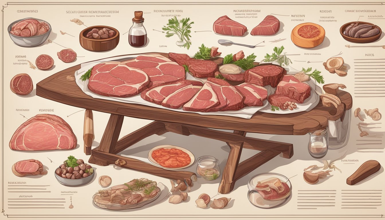 A table with raw meats, bones, and organs, surrounded by scientific charts and diagrams on carnivore diet nutrition