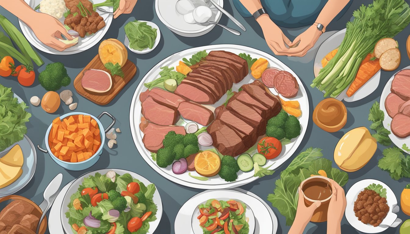 A carnivore diet meal being prepared with a variety of meat and non-starchy vegetables, alongside a person engaging in relaxing activities to alleviate tinnitus symptoms