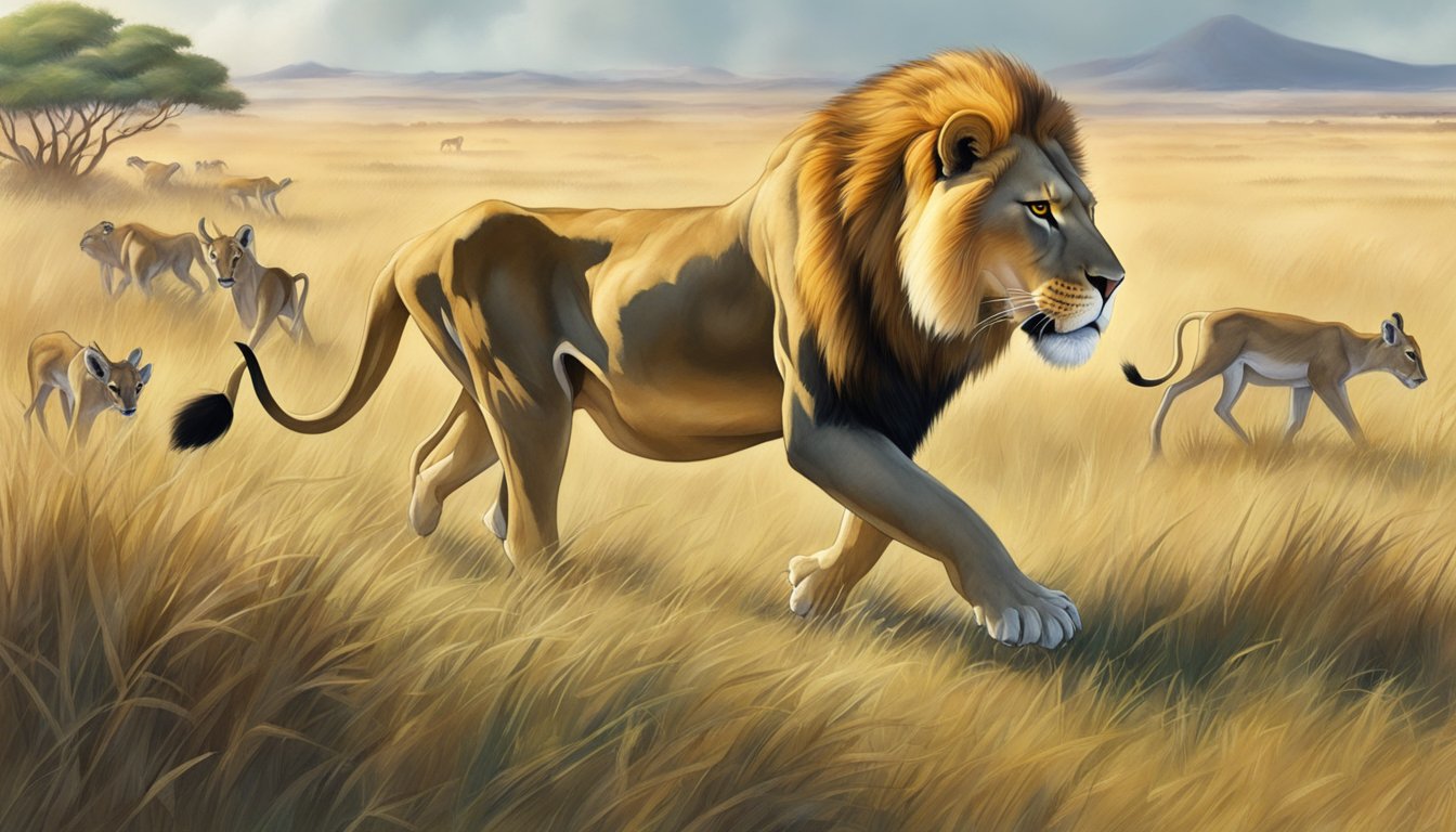 A lion prowling through a grassy savanna, eyeing a herd of gazelles with hunger in its eyes