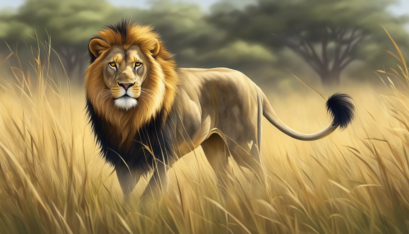 A lion prowls through a grassy savanna, its powerful urine scent marking its territory