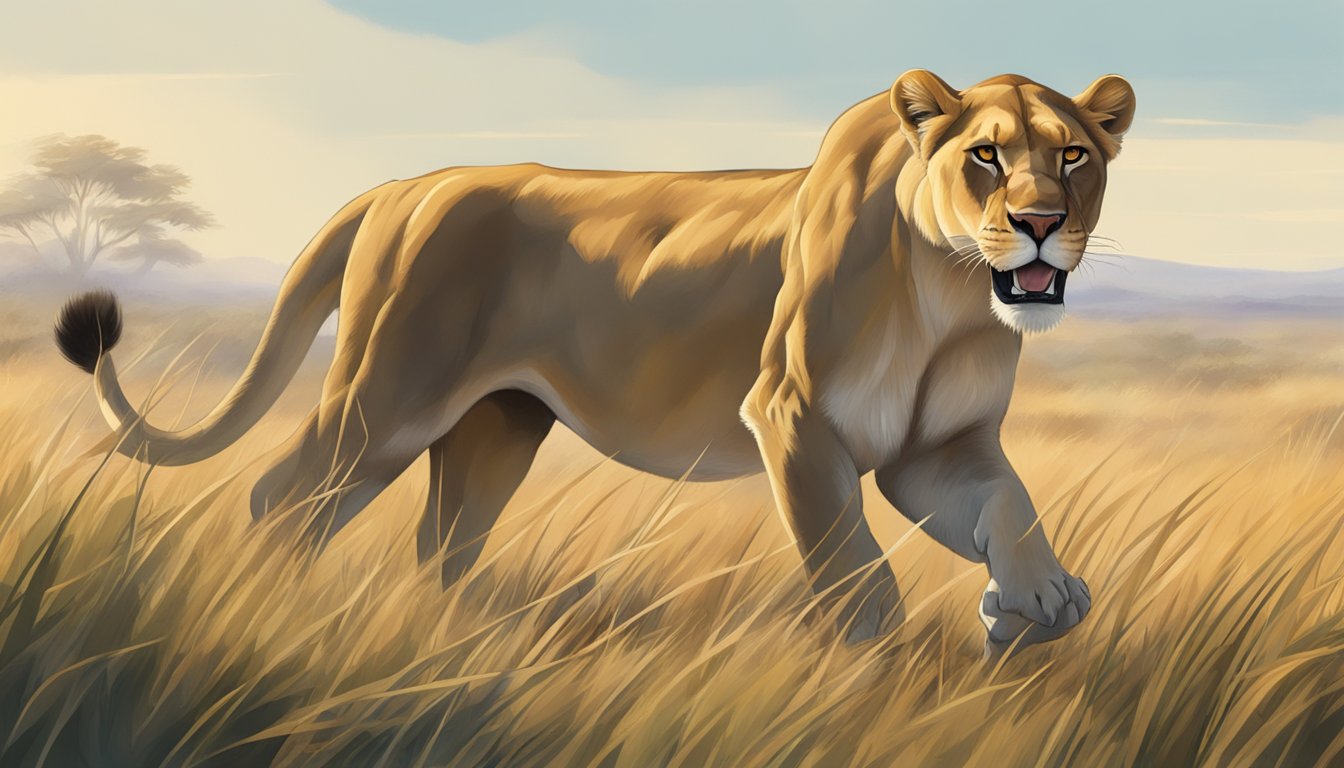 A lioness prowls through a grassy savanna, stalking her prey with focused determination. Her sharp teeth and powerful muscles are evidence of her strict carnivore diet