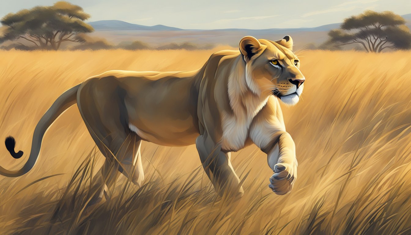 A lioness prowls through a grassy savannah, her powerful muscles rippling as she hunts for prey. The sun beats