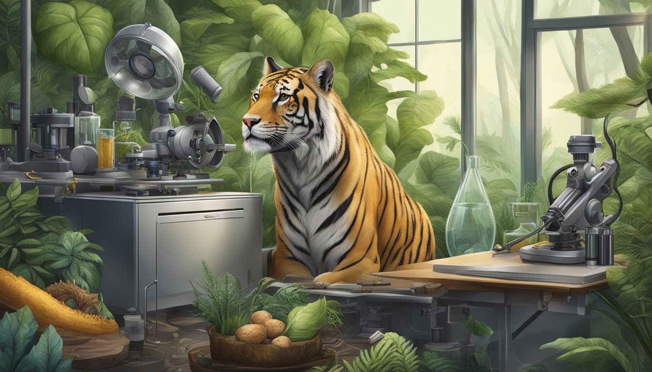 A carnivore surrounded by scientific equipment and natural elements