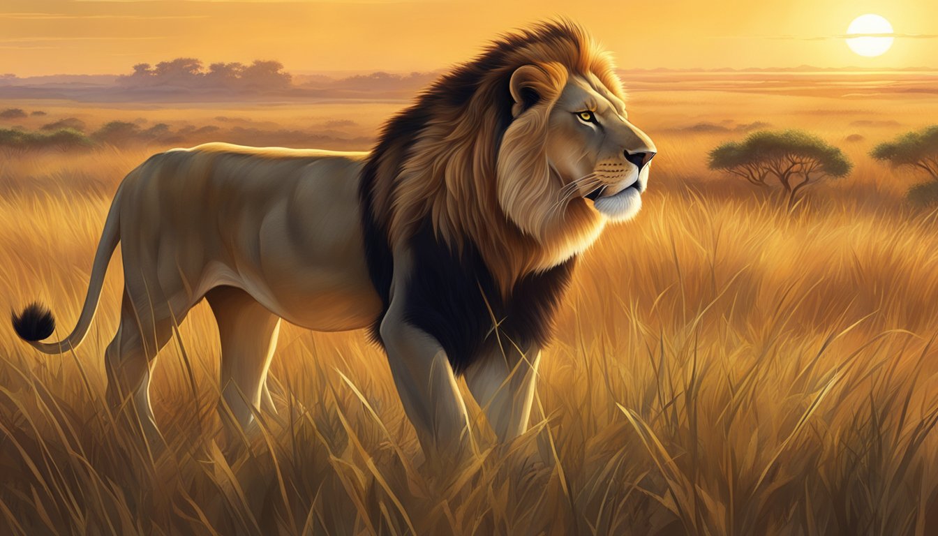 A lion prowls through a grassy savanna, its powerful muscles rippling as it hunts for its next meal. The sun sets in the distance, casting a warm glow over the scene