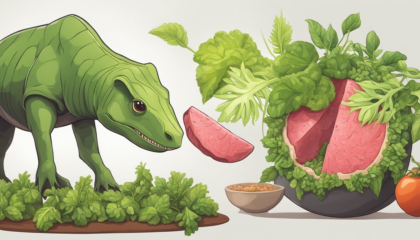 A carnivorous animal eating raw meat vs. an animal eating plant-based foods