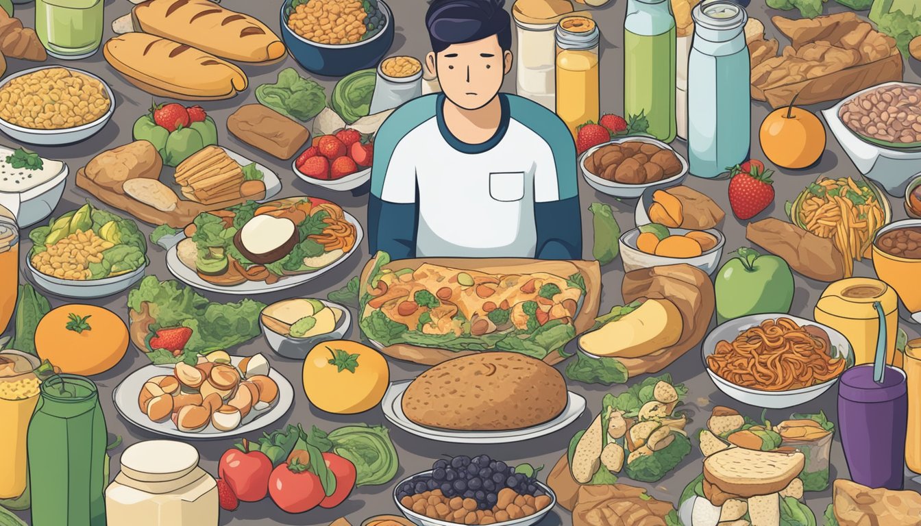 A person surrounded by various foods, with a mix of healthy and unhealthy options. They appear to be contemplating their choices