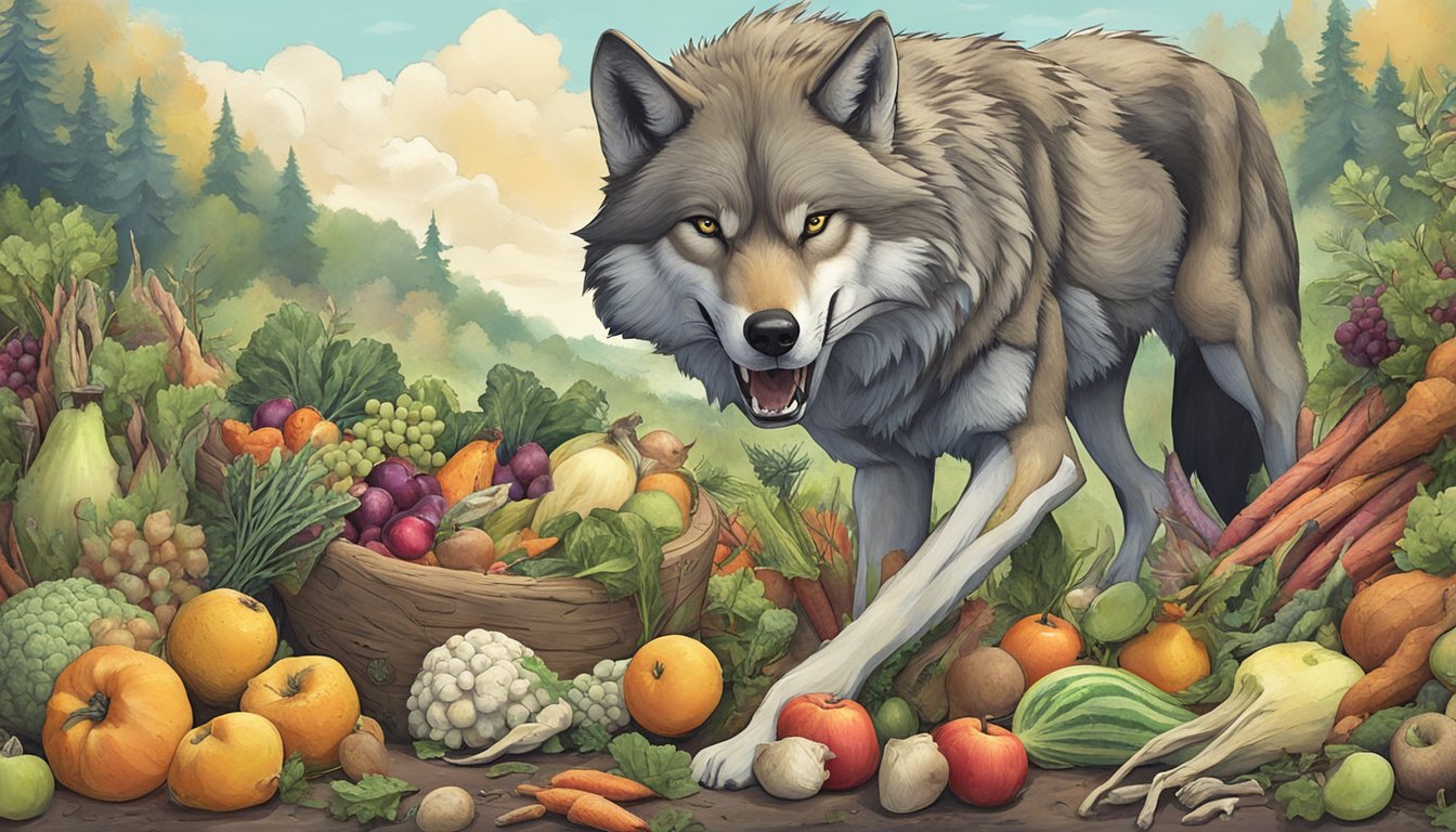 A carnivorous wolf snarls at a pile of bones, while a fox cautiously eyes a variety of fruits and vegetables