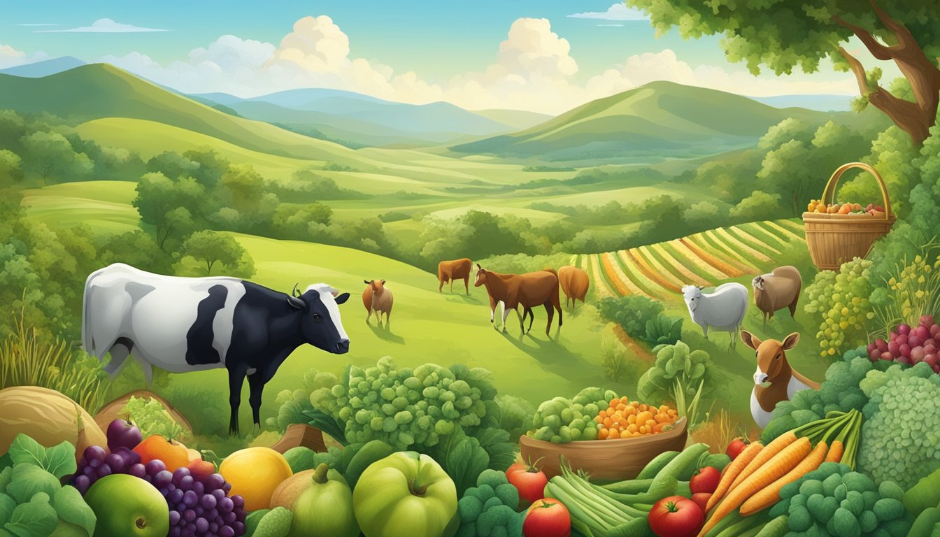 A lush, green landscape with a variety of fruits, vegetables, and grains growing alongside grazing animals. The harmony of nature's bounty and sustainability is evident