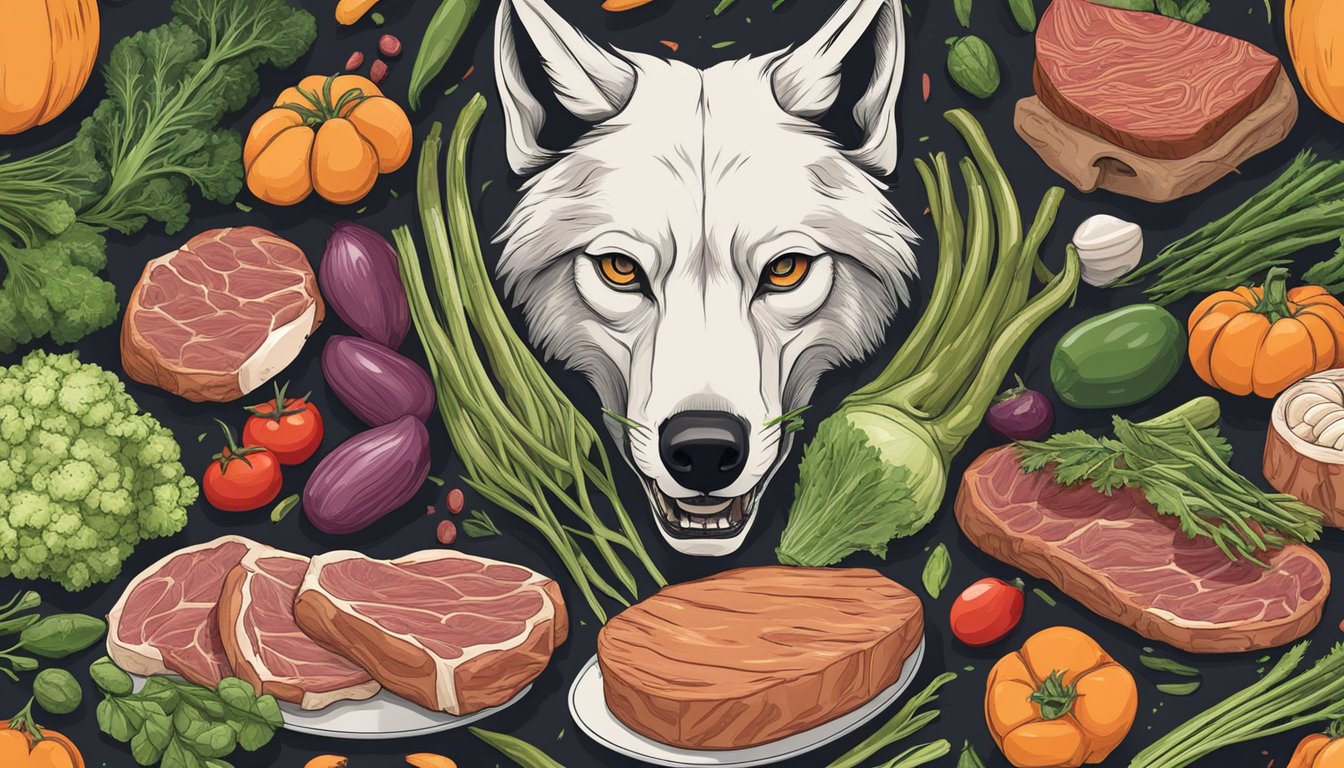 A carnivorous wolf and a deer skull surrounded by meat and vegetables, representing the choice between a carnivore diet and the autoimmune protocol