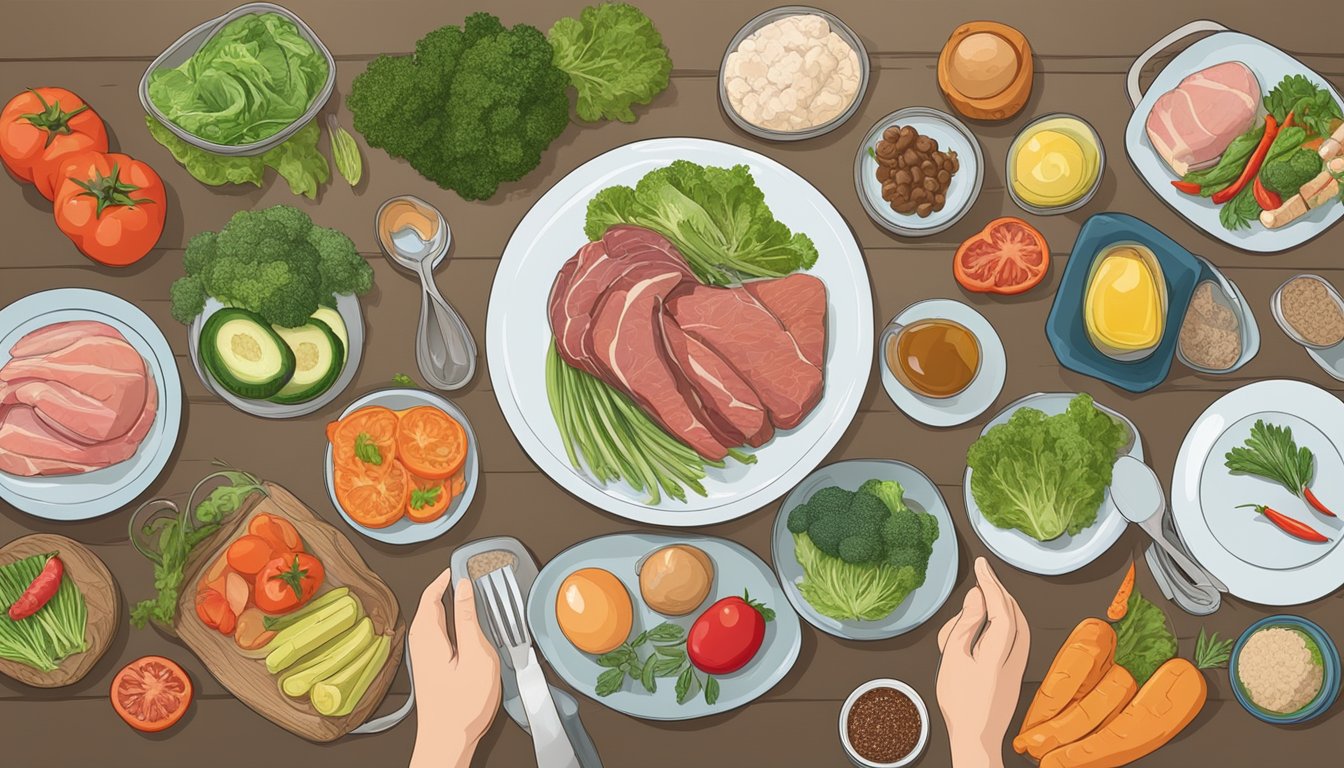 A table with various meats, vegetables, and supplements. Empty plate with uneaten vegetables. Person showing signs of discomfort